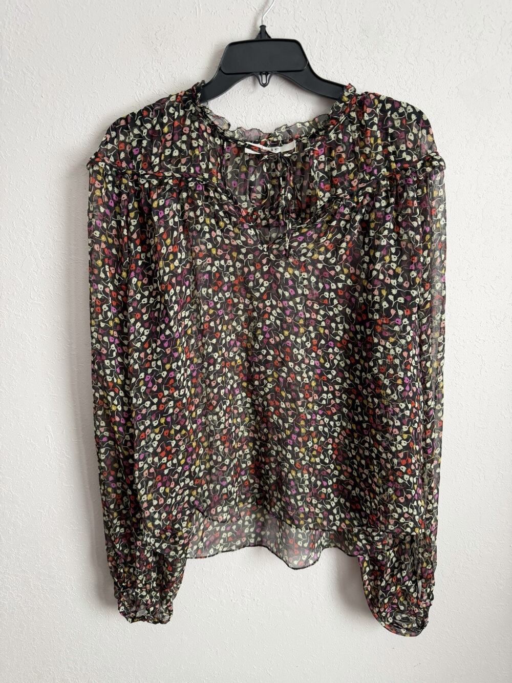 Joie Sheer Black Pink Floral Tie V-Neck Bishop Sleeve Blouse Womens M Preppy